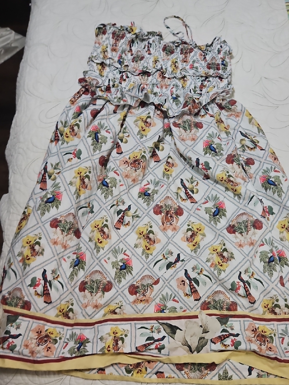 Anthropologie White Floral & Bird Smocked Sundress with Yellow Trim